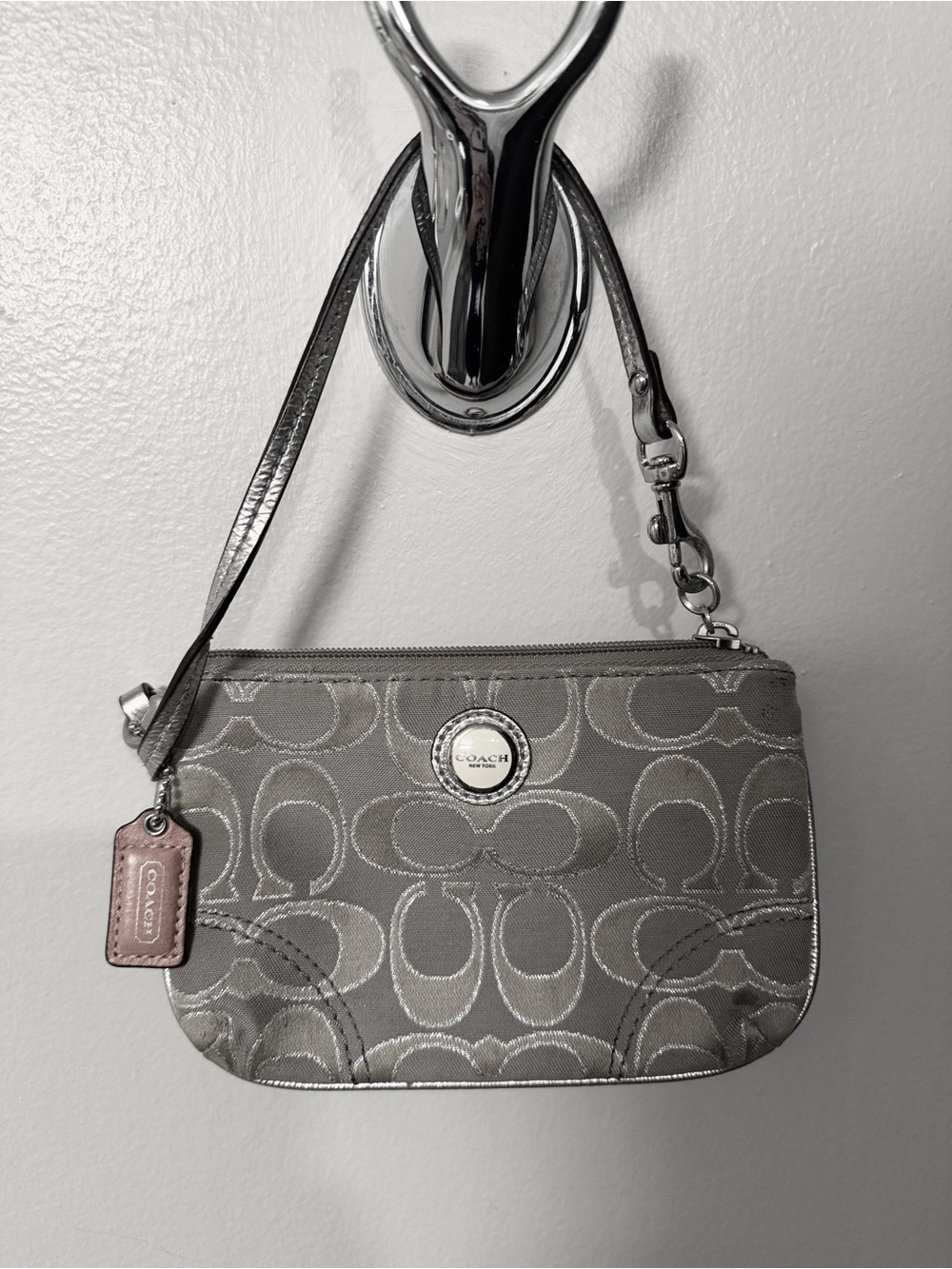 COACH Taupe Signature Jacquard Wristlet with Leather Tag